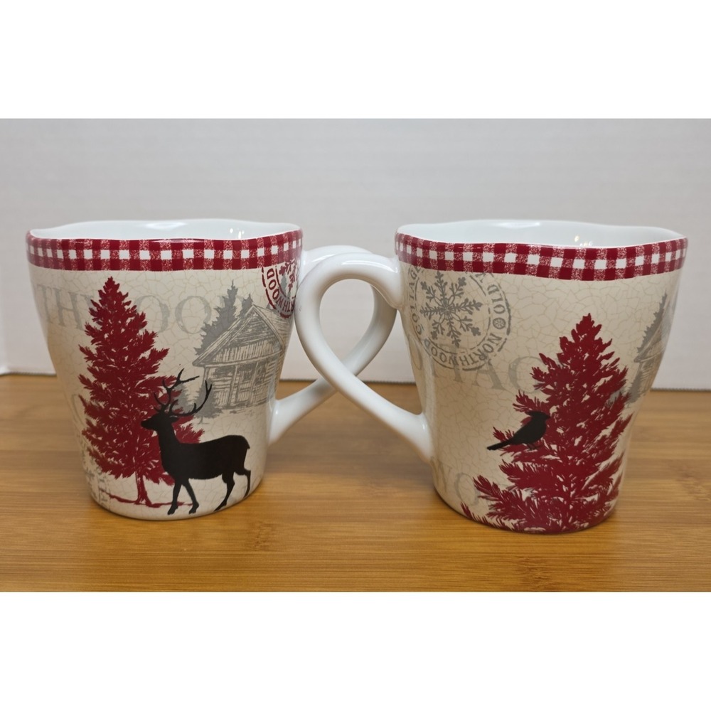 222 Fifth Northwood Cottage Mug Cup Red White Christmas Tree Deer Fine China
